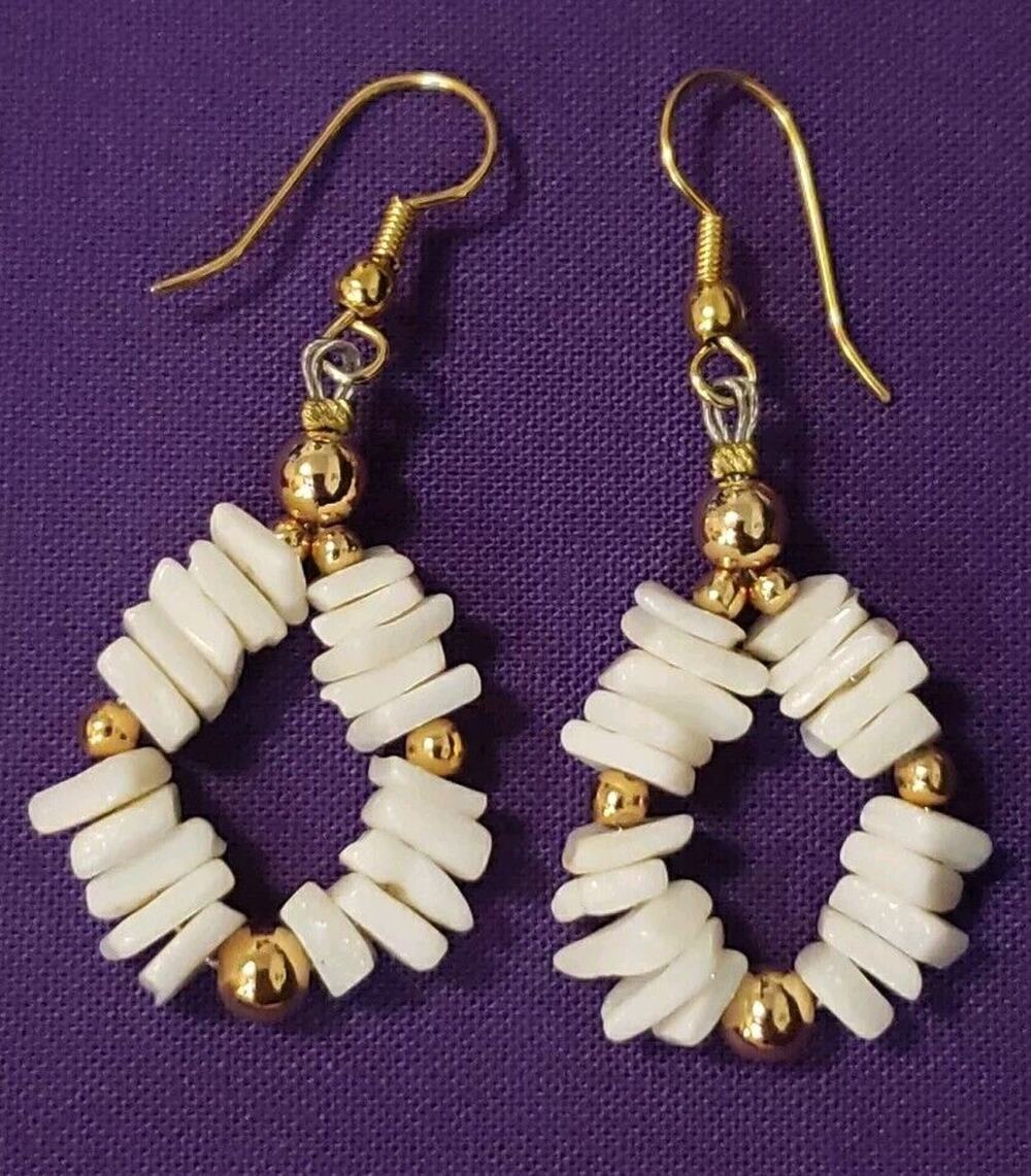 Shell Chip Dangle Hoop Earrings, Bright White Polished Smooth, Gold Tone Accents
